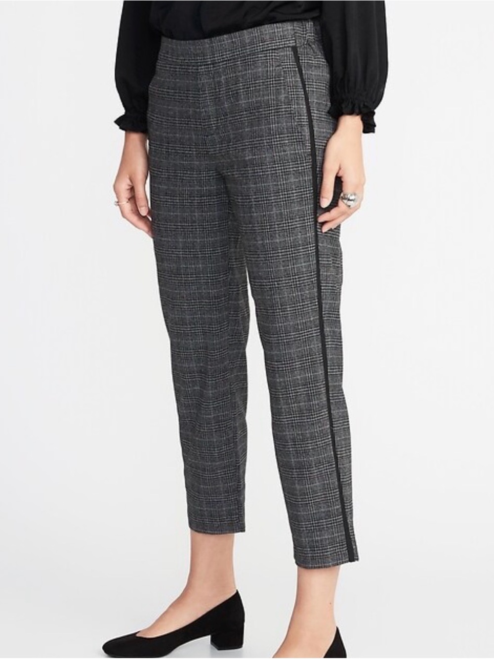 Old Navy Gray Plaid Ankle Trousers Black Side Stripe Slim Straight Pants Size 10